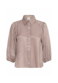 Satinbluse in sanftem Taupe mit Kragen, langen Puffärmeln mit elastischen Bündchen und einer knopfbaren Front. Glatte Textur.