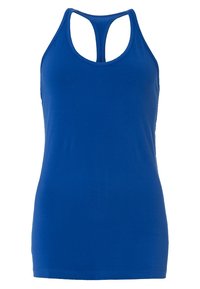 Débardeur de sport bleu uni avec dos nageur et encolure arrondie, conçu pour femmes, présenté sur fond blanc.