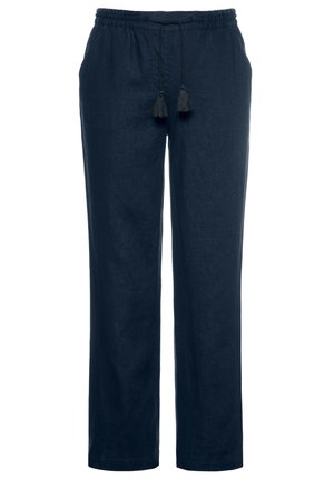 Navy-Linienhose mit entspannter Passform, elastischem Bund, Kordelzug mit Quasten und geradem Bein. Keine sichtbaren Taschen.
