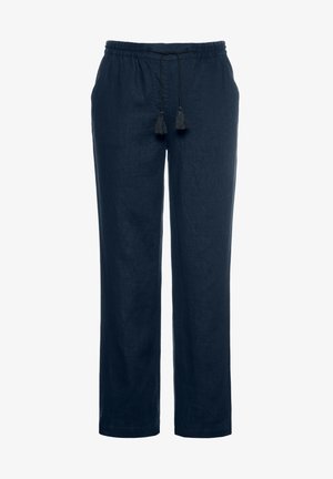 Marineblauwe linnen broek met een ontspannen pasvorm, elastische tailleband, sluiting met trekkoord en kwastjes, en rechte pijpen. Geen zichtbare zakken.