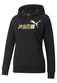 Svart hoodie i bomullsblandning, med en guldig Puma-logga på framsidan, kenguruficka och ribbade ärmslut och nederkant.