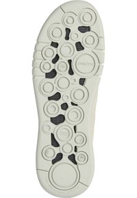 Suela de zapato de goma blanca con recortes circulares y ovalados para transpirabilidad, con superficie texturizada y marca "GEOX".
