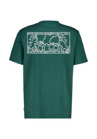Green cotton t-shirt with short sleeves. Back features a white illustrated print of figures holding hands, framed with text in white.