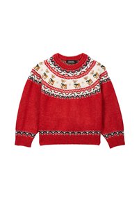 Pull en tricot rouge avec un empiècement blanc décoré de cerfs et de motifs géométriques en bleu et noir, col et poignets côtelés.