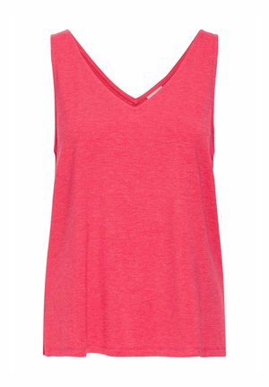 V-kaklo be rankovių marškinėliai ryškiai rožinės spalvos medvilnės mišinyje, pasižymintys laisvu kirpimu. Paprasta dizaino schema su vienodai išlyginta tekstūra.