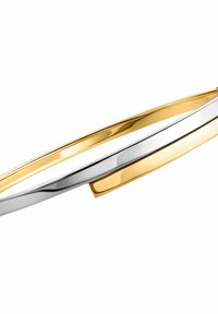 Due anelli intrecciati, uno in argento lucido e l'altro in oro, caratterizzati da linee curve eleganti con finiture lisce e un design minimalista.
