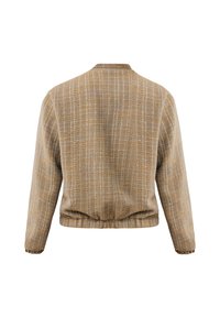 Brązowa teksturowana kurtka z długimi rękawami, okrągłym dekoltem i marszczonym dołem. Tkanina ma delikatny wzór z jasnymi akcentami.