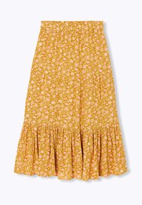 Jupe florale jaune avec des motifs de fleurs roses et blanches, taille élastique et ourlet froncé ; fabriquée en tissu léger pour le confort.