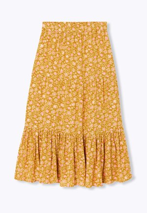 Jupe florale jaune avec des motifs de fleurs roses et blanches, taille élastique et ourlet froncé ; fabriquée en tissu léger pour le confort.