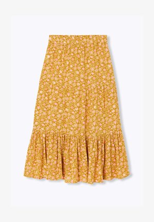 Jupe florale jaune avec des motifs de fleurs roses et blanches, taille élastique et ourlet froncé ; fabriquée en tissu léger pour le confort.