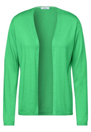 Grön cardigan i mjukt tyg med långa ärmar och öppen framsida utan knappar, lämplig för lager-på-lager.
