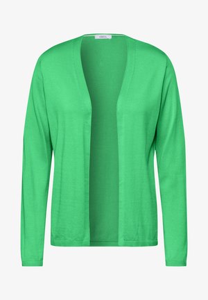 Groene cardigan van zachte stof, met een lange mouw en een open voorkant zonder sluitingen, geschikt voor het dragen in lagen.