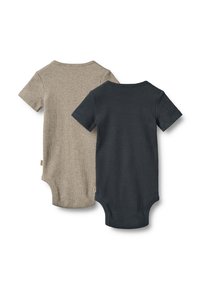 Två kortärmade bodysuits i beige och mörkblå, tillverkade av ribbat tyg med en åtsittande design och tryckknappar i botten.