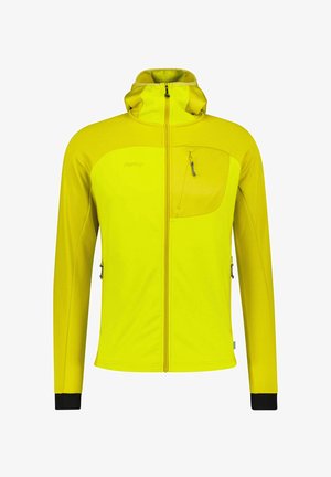 Gelbe Jacke mit durchgehendem Reißverschluss und Kapuze, Brusttasche mit Reißverschluss und schwarzen Bündchen an den Ärmeln, entwickelt für Aktivitäten im Freien.