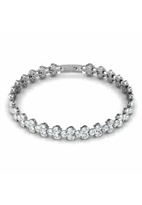 Bracelet en argent avec des maillons en forme de fleur ornés de plusieurs pierres précieuses rondes et transparentes, créant un effet étincelant. Fermeture à fermoir sécurisée.