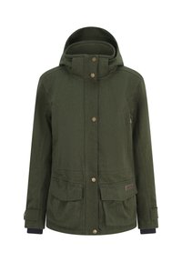 Olijfgroene jas met een gestructureerde buitenkant, capuchon, goudkleurige drukknoopjes, twee voorzakken en een logoaccent op de onderzak.