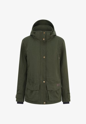 Veste vert olive avec un extérieur texturé, une capuche, des boutons-pression en ton doré, deux poches avant et un logo sur la poche inférieure.