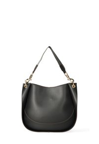 Borsa a spalla in pelle nera con una superficie liscia, forma curva, dettagli in metallo dorato e una tracolla singola. Caratterizzata da una linea di cucitura decorativa.
