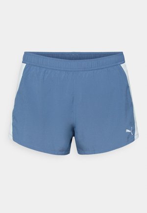 Zilā sporta šorti, kas izgatavoti no viegla auduma, ar elastīgu jostasvietu un kontrastējošiem gaiši zilajiem sānu paneļiem. Iezīmēta ar mazu logotipu.