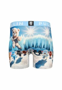 Caleçons colorés dotés d'un tissu doux avec une ceinture bleue, ornés de motifs d'ours en peluche et d'un paysage glacé.