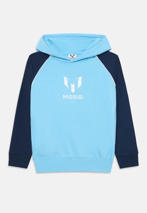 Sweat à capuche bleu clair avec manches bleu marine, avec un logo et un emblème blanc "Messi" centrés sur la poitrine.