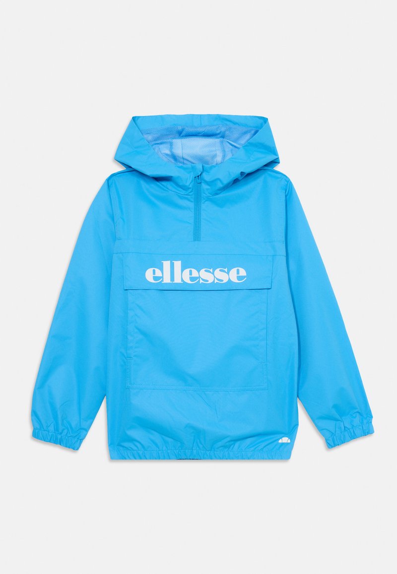 Corta-vento azul brilhante com capuz, fecho frontal, grande aba de bolso com o logotipo branco "ellesse" e punhos e bainha elásticos.