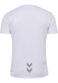 Witte sport T-shirt met korte mouwen, ronde hals, textuurstof en drie grijze chevrons op de onderrug.