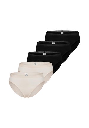 Fem kvinders bikini trusser med blonder, tre sorte og to beige, arrangeret i en forskudt række på en hvid baggrund.