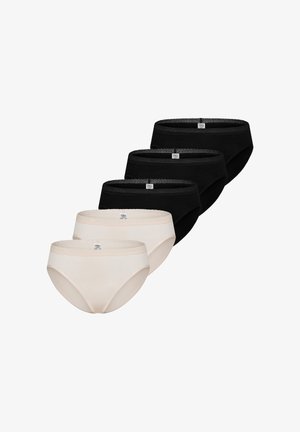 Fem kvinders bikini trusser med blonder, tre sorte og to beige, arrangeret i en forskudt række på en hvid baggrund.