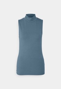 Top senza maniche in blu chiaro, realizzato in tessuto morbido. Presenta un design aderente con un collo alto e una superficie liscia.