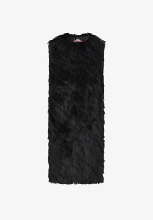 Fekete műszőrme mellény ujjatlan fazonnal, hosszú, puha szálakkal és kerek nyakkivágással. Tiszta vonalak, látható rögzítések nélkül.