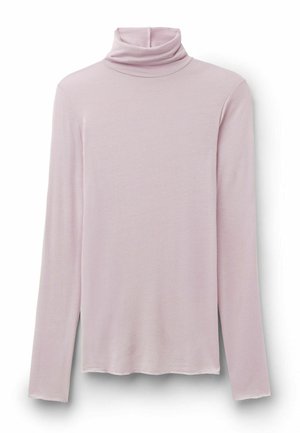 Haut à col roulé à manches longues de couleur rose clair, fabriqué en tissu doux, avec un col ajusté et un ourlet droit. Aucun motif ni accent visible.