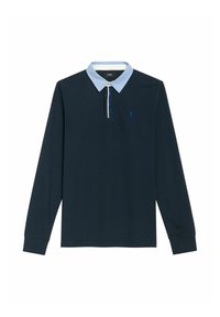 Granatowa koszulka polo z długim rękawem i jasnoniebieskim kołnierzykiem, z trzema guzikami i małym niebieskim logo na piersi. Miękka tekstura materiału.