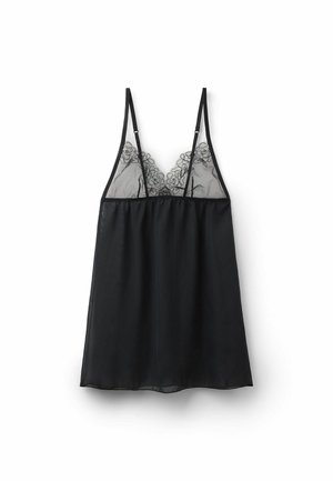 Schwarzes transparentes Camisole mit floralen Spitzenverzierungen auf der oberen Brust und dünnen, verstellbaren Schulterträgern vor weißem Hintergrund.