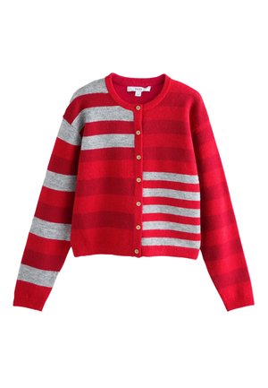 Rød og grå stribet strikket cardigan med knapper, lange ærmer og rund halsudskæring.