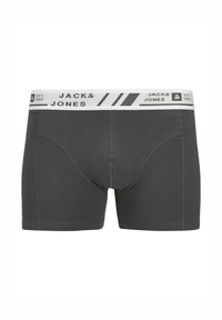Donkergrijze boxershorts met een witte tailleband met zwarte tekst en diagonale strepen. Zacht stof met gestikte naden en een nauwsluitende pasvorm.