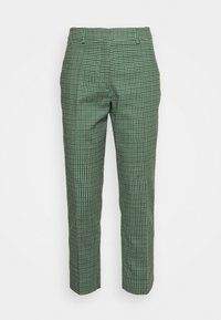 Pantalon vert avec un motif à carreaux blancs, coupe droite, passants de ceinture et poches arrière visibles de dos sur un fond uni.