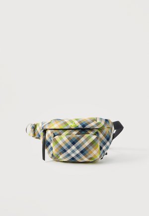 Sac banane en tissu à carreaux avec poche avant zippée, motif vert, bleu, blanc et jaune, sangle noire réglable et anneau en métal argenté.