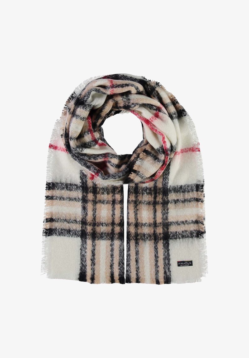 Sciarpa a quadri realizzata in morbido tessuto, con un motivo a quadri beige, nero e rosso, dotata di bordi frangiati e un'etichetta del marchio nella parte inferiore.