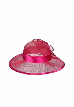 Wide-brimmed pink mesh hat with a satin band and decorative bow, designed for formal or outdoor events.