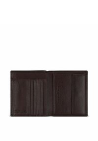 Bruine leren portemonnee met een gestructureerde afwerking, voorzien van meerdere kaartsleuven, een vak voor biljetten en reliëfbranding.