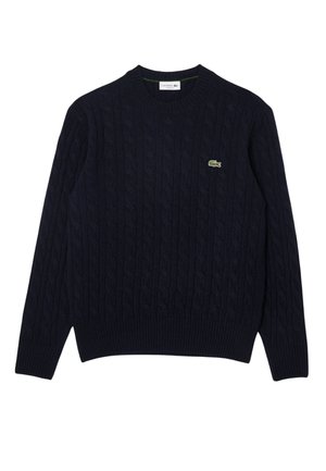 Pull en maille bleu marine avec un motif en cable, col rond, poignets et ourlet côtelés, présentant un petit logo vert Lacoste sur la poitrine.