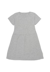 Grå kortermet kjole laget av myk stoff, med rund halslinje og rynket midje, med en utsviktet skjørt og minimal detaljer.