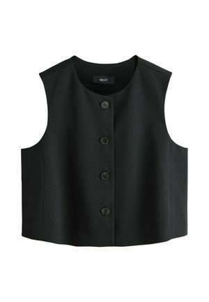 Černá vesta bez rukávů s kulatým výstřihem a pěti knoflíky vpředu. Vyrobena z hladké látky s přiléhavým střihem a bez viditelných kapes.