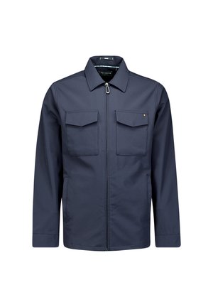 Marineblauwe jas met ritssluiting, kraag en twee grote klepzakken aan de voorkant, lange mouwen en een rechte zoom, op een witte achtergrond.