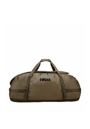 Grand sac de sport Thule vert olive avec doubles poignées et fermeture éclair, conçu pour les voyages ou une utilisation en plein air.