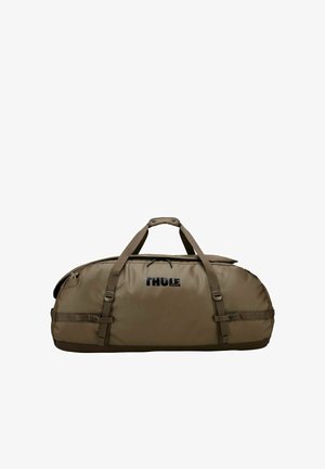 Grand sac de sport Thule vert olive avec doubles poignées et fermeture éclair, conçu pour les voyages ou une utilisation en plein air.