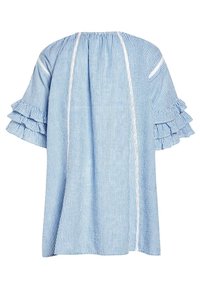 Sininen raidallinen paita, jossa on röyhelöidyt hihat, kevyttä kangasta, väljä malli, jossa on pystysuorat valkoiset raidat ja gathered-kaula-aukko.