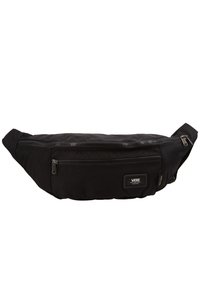 Riñonera negra con un compartimento principal con cremallera y un bolsillo frontal. Fabricada con un tejido duradero; cuenta con un pequeño parche de logo y una correa ajustable.