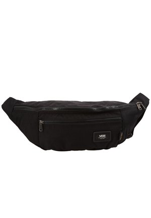 Schwarze Hüfttasche mit einem mit Reißverschluss versehenen Hauptfach und einer Vordertasche. Hergestellt aus strapazierfähigem Stoff; verfügt über ein kleines Logo-Patch und einen verstellbaren Riemen.
